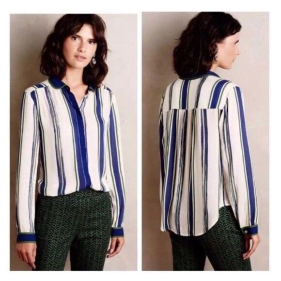 Maeve retro Blue and Green Button Down Blouse - Picture 1 of 9